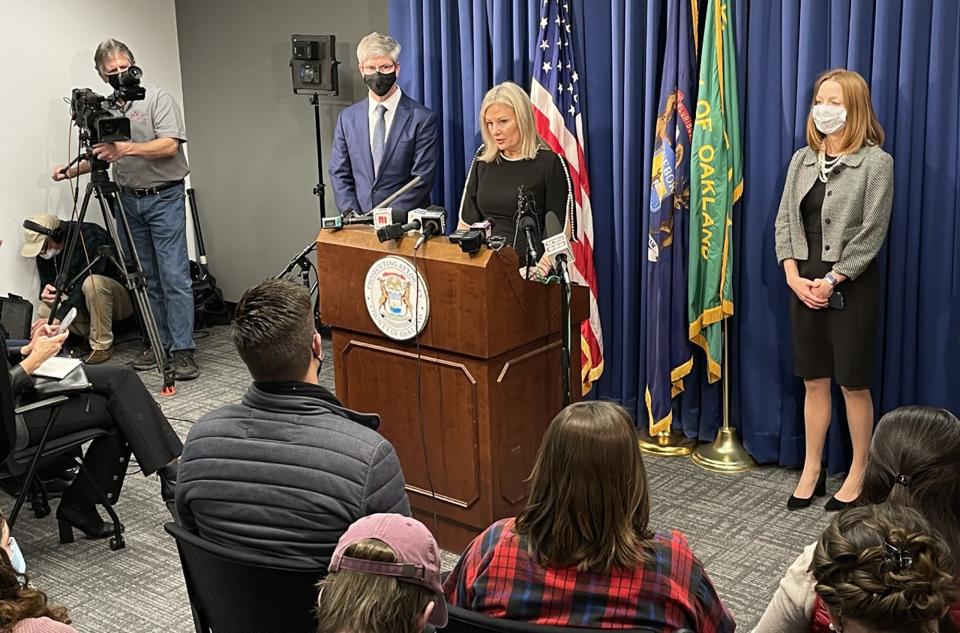 Oakland County Prosecutor Karen McDonald announces multiple manslaughter charges against James and Jennifer Crumbley, parents of Oxford High School shooting suspect Ethan Crumbley, during a news conferenceon Dec. 3, 2021.