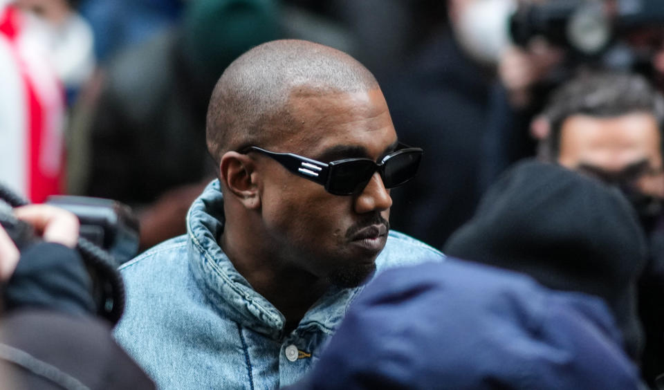 Kanye West outside Kenzo, during Paris Fashion Week in France, on Jan. 23, 2022. (Edward Berthelot / Getty Images file )