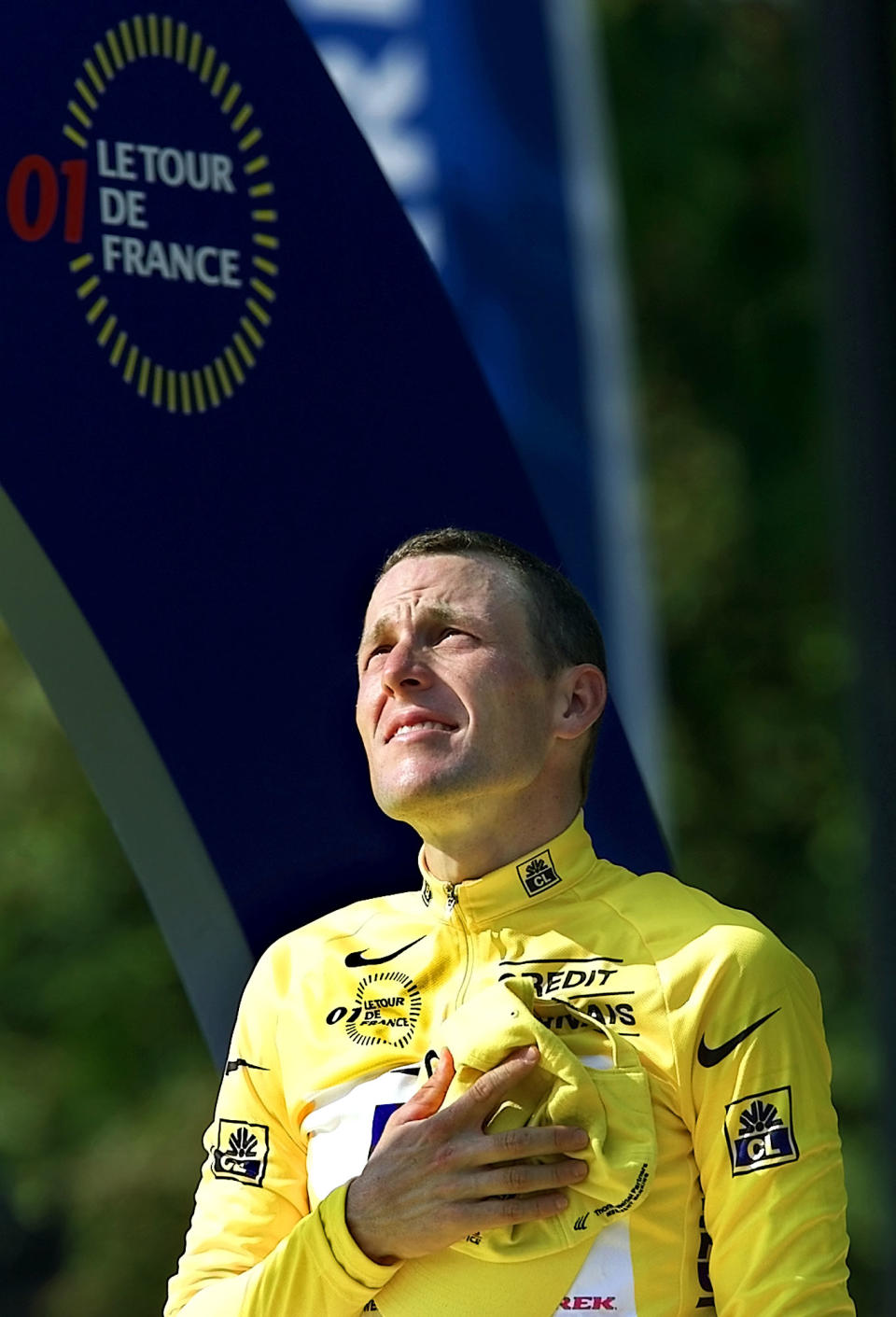 FILE - This July 29, 2001 file photo shows Lance Armstrong during ceremonies after he won the Tour de France cycling race after the 20th and final stage, in Paris. Armstrong was stripped of his seven Tour de France titles and banned for life by cycling's governing body Monday, Oct. 22, 2012, following a report from the U.S. Anti-Doping Agency that accused him of leading a massive doping program on his teams. UCI President Pat McQuaid announced that the federation accepted the USADA's report on Armstrong and would not appeal to the Court of Arbitration for Sport. (AP Photo/Laurent Rebours, File)