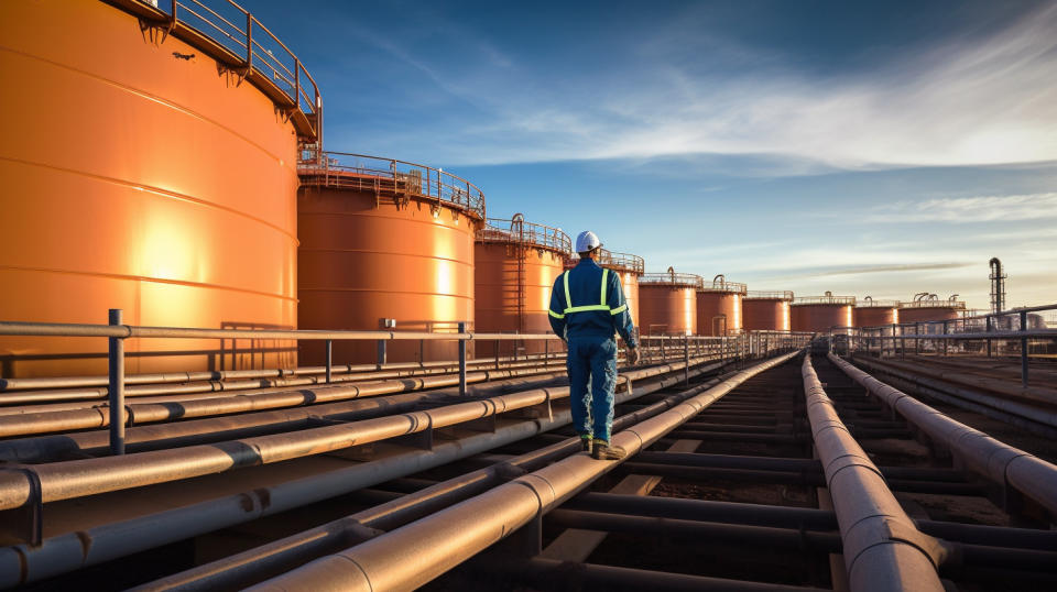A pipeline worker overseeing the flow of crude oil into storage tanks from an integrated water system.
