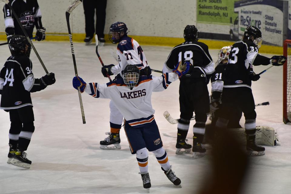 Benji Forman, #7, of  Mountain Lakes/Boonton reacts following his goal that makes a tie game 3 to 3 against Kinnelon/Jefferson/Sparta United in the second period during the Haas hockey at the Mennen Arena on Monday, January 24th, 2022.