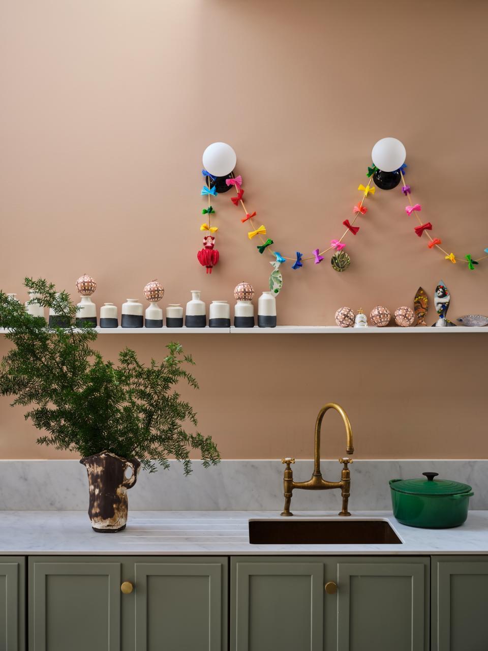 Christmas kitchen open shelving by Farrow & Ball