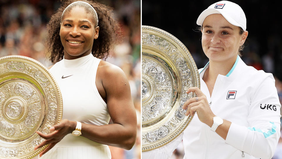 Ash Barty and Serena Williams, pictured here in 2021 and 2016.