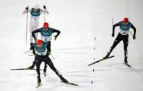 Nordic Combined Events - Pyeongchang 2018 Winter Olympics - Men's Individual 10 km Final - Alpensia Cross-Country Skiing Centre - Pyeongchang, South Korea - February 20, 2018 - Johannes Rydzek of Germany, Fabian Riessle of Germany, Eric Frenzel of Germany and Jarl Magnus Riiber of Norway approach the finish line. REUTERS/Carlos Barria