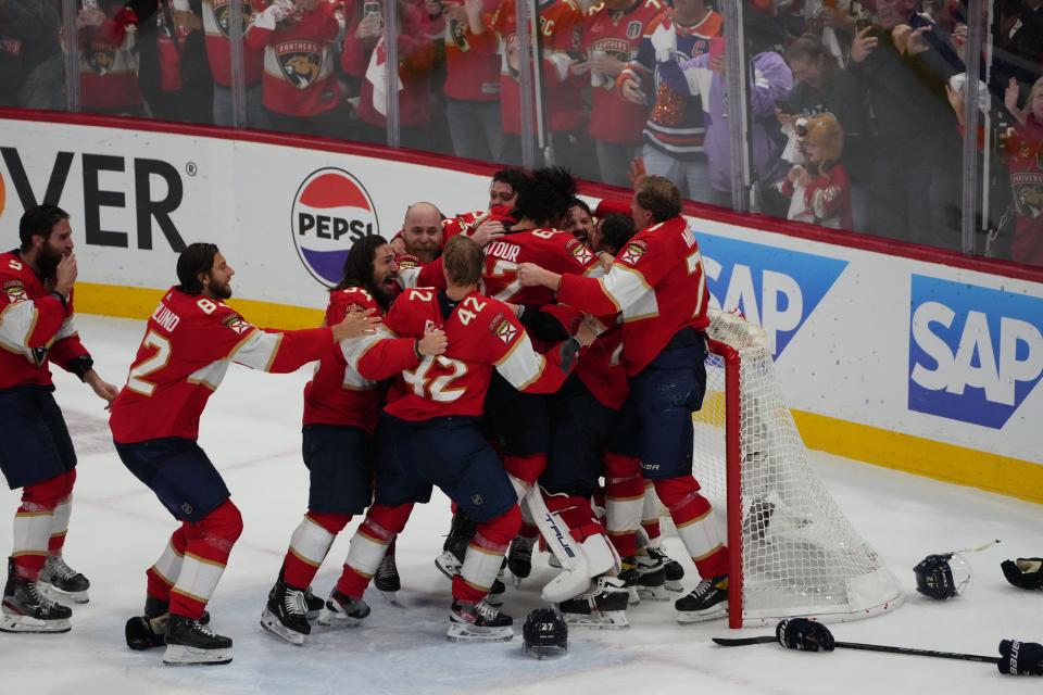 Jun 24, 2024; Sunrise, Florida, USA; Florida Panthers celebrate winning against the Edmonton Oilers in game seven of the 2024 Stanley Cup Final at Amerant Bank Arena. Mandatory Credit: Jim Rassol-USA TODAY Sports