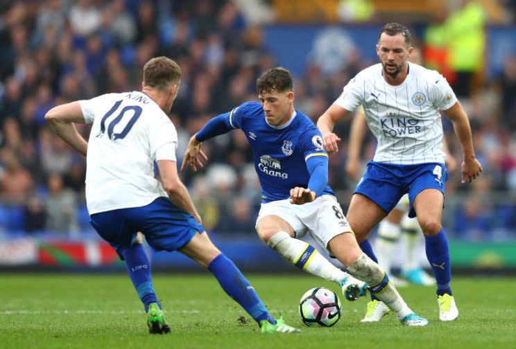 during the Premier League match between Everton and Leicester City at Goodison Park on April 9, 2017 in Liverpool, England.