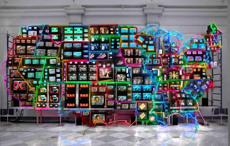 <p>Nam June Paik/Courtesy of The Smithsonian American Art Museum</p> Nam June Paik, Electronic Superhighway: Continental U.S., Alaska, Hawaii, 1995, fifty-one channel video installation (including one closed-circuit television feed), custom electronics, neon lighting, steel and wood; color, sound, approx. 15 x 40 x 4 ft., Smithsonian American Art Museum, Gift of the artist, 2002.23