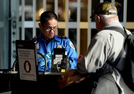 An employee with the Transportation Security Administration (TSA) checks the documents of a traveler at Reagan National Airport in Washington, U.S., January 6, 2019. REUTERS/Joshua Roberts/File Photo