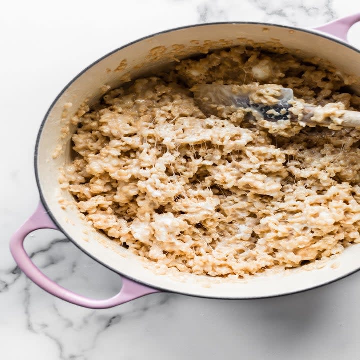 A pot of Rice Krispie cereal and marshmallows.