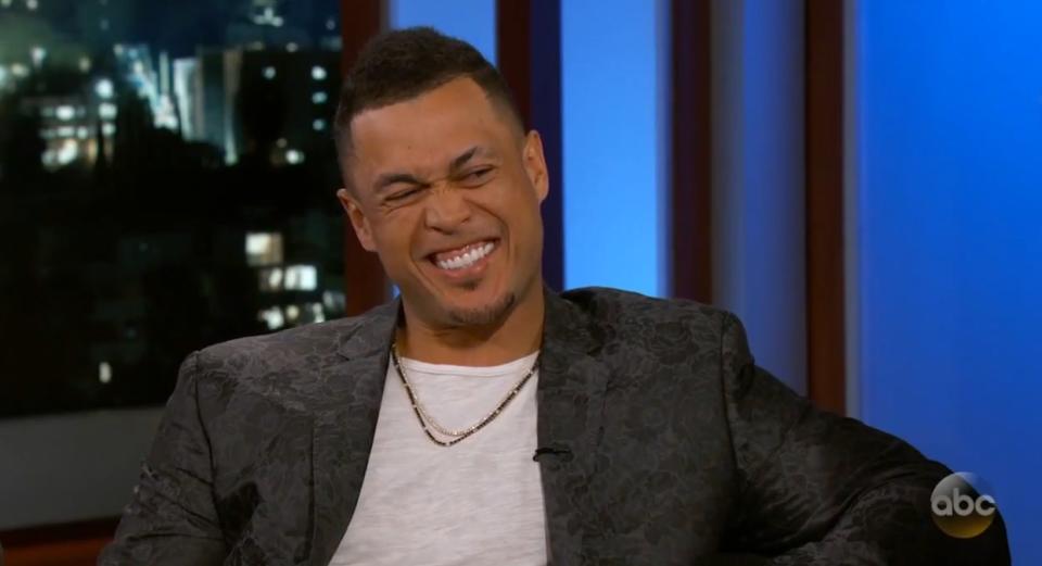 Giancarlo Stanton had this reaction when Kimmel suggested he’d look good in a Mets uniform. In a word: nope. (Youtube/JimmyKimmelLive)