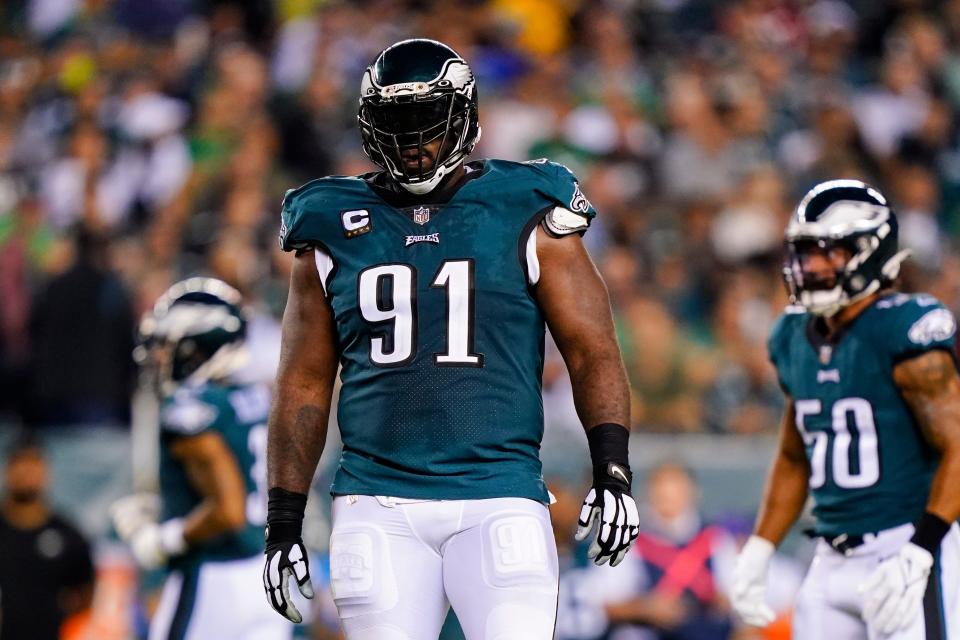 Philadelphia Eagles defensive tackle Fletcher Cox in action during an NFL football game against the Tampa Bay Buccaneers on Thursday, Oct. 14, 2021, in Philadelphia. (AP Photo/Matt Rourke)