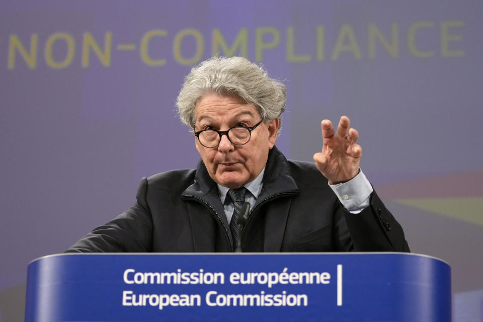 European Commissioner for Internal Market Thierry Breton addresses a media conference regarding the Digital Markets Act at EU headquarters in Brussels, Monday, March 25, 2024. The European Commission on Monday opened non-compliance investigations against Alphabet, Apple and Meta under the Digital Markets Act. (AP Photo/Virginia Mayo)