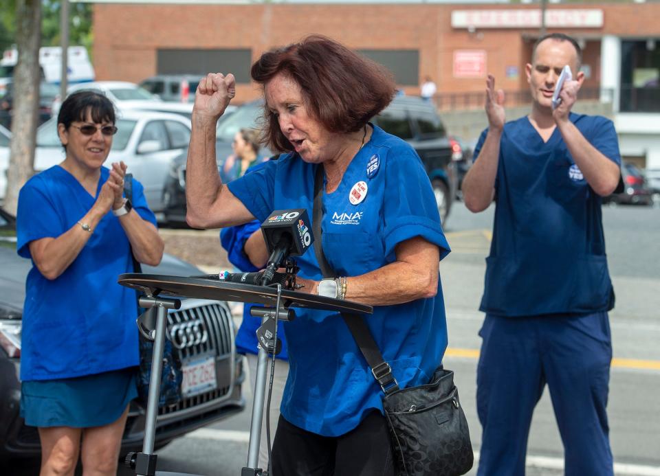 Katie Murphy, president of the Massachusetts Nurses Association, speaks with other nurses at a press conference in September outside Framingham Union Hospital. Nurses at the hospital have won the right to hold a unionization vote, which will take place on Jan. 10.