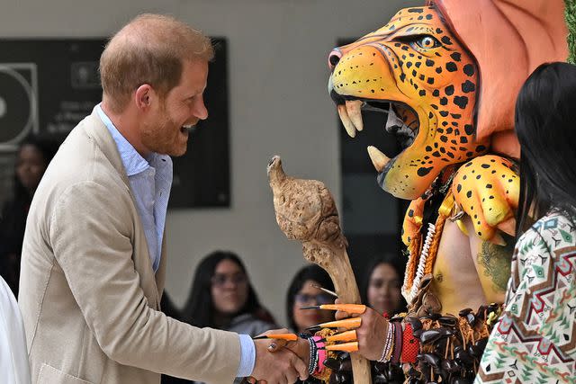 <p>RAUL ARBOLEDA/AFP via Getty</p> Prince Harry in Colombia on Aug. 15, 2024