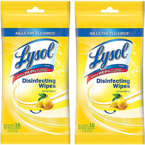 two travel-sized packets of lysol disinfecting wipes