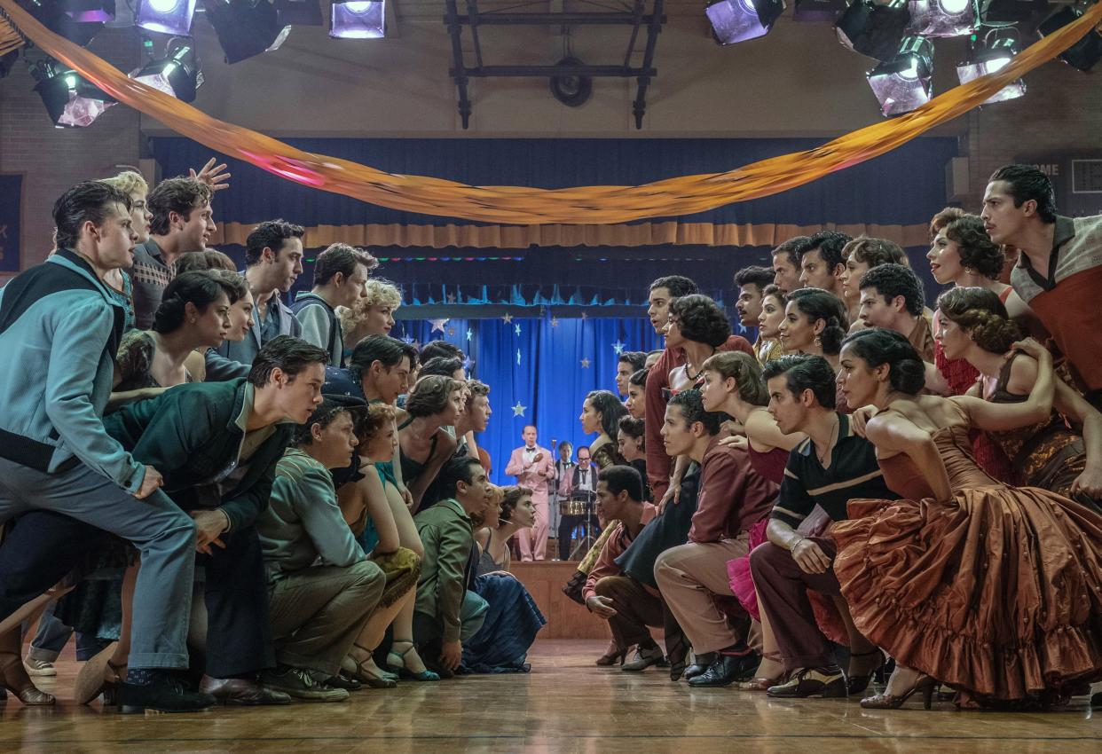 The Jets and the Sharks face off in a scene from West Side Story (Photo: Niko Tavernise / © 20th Century Studios / Courtesy Everett Collection)