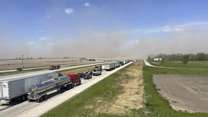 A crash involving more than 70 vehicles shut down a highway in Illinois, Monday, May 1, 2023. Illinois State Police say a windstorm that kicked up clouds of dust in south-central Illinois led to numerous crashes and multiple fatalities on Interstate 55.