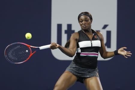 FILE PHOTO: Mar 24, 2019; Miami Gardens, FL, USA; Sloane Stephens of the United States reacts after missing a shot against Tatjana Maria of Germany (not pictured) in the third round of the Miami Open at Miami Open Tennis Complex. Mandatory Credit: Geoff Burke-USA TODAY Sports