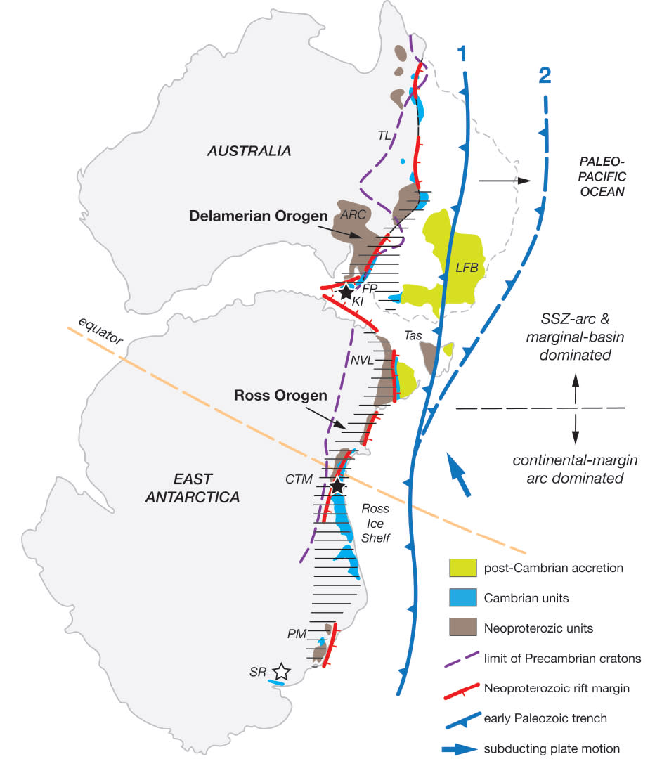 A map showing the positions of Australia and Antarctica in the Gondwanan supercontinent.