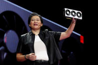 Lisa Su, president and CEO of AMD, holds up the Radeon VII, a 7nm gaming graphics card during a keynote address at the 2019 CES in Las Vegas, Nevada, U.S., January 9, 2019. REUTERS/Steve Marcus