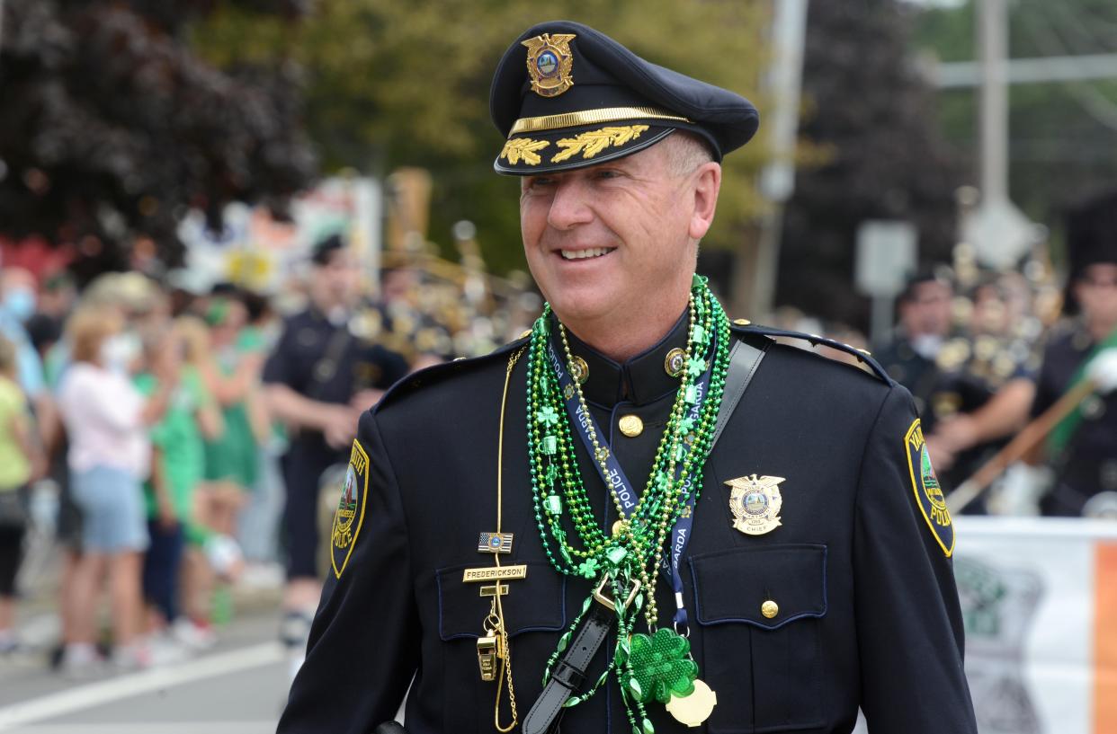 Yarmouth Police Chief Frank Frederickson, who will retire later this year, will be one of the honorees at the Cape Cod St. Patrick's Parade. He's seen here marching in the COVID-19-delayed 2021 parade in September.