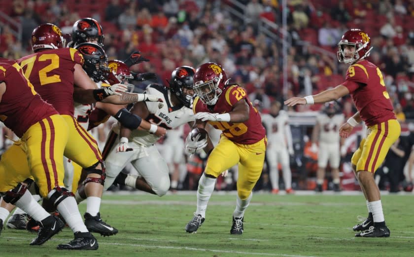 LOS ANGELES, CA - SEPTEMBER 25, 2021: USC Trojans running back Keaontay Ingram.