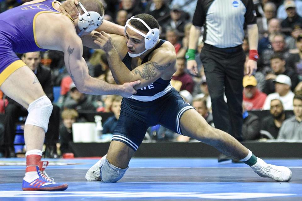 Penn State’s Aaron Brooks looks for an opening on Northern Iowa’s Parker Keckeisen in their 184-pound finals match of the NCAA Championships on Saturday, March 18, 2023 at the BOK Center in Tulsa, Okla. Brooks beat Keckeisen, 7-2, for his third straight crown.