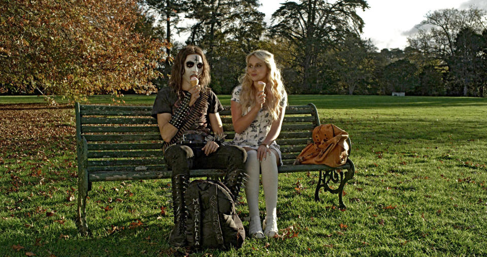 A death metal musician goes on a date with a glowing acquaintance in "Deathgasm"