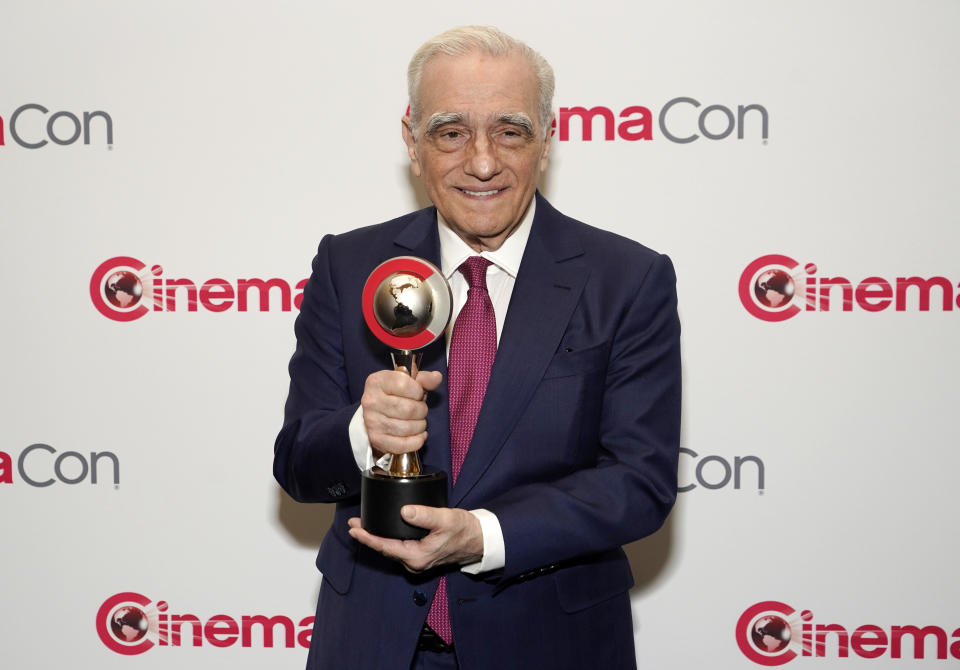 Director Martin Scorsese holds up his "Legend of Cinema" award at CinemaCon 2023, the official convention of the National Association of Theatre Owners (NATO) at Caesars Palace, Thursday, April 27, 2023, in Las Vegas. (AP Photo/Chris Pizzello)