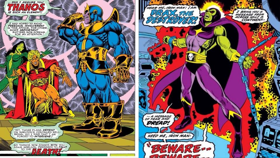 Thanos, Adam Warlock, Gamora, and Drax, characters developed by Jim Starlin in the 1970s. 