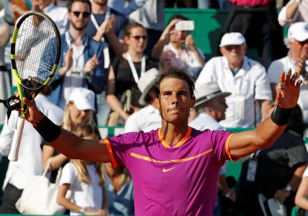 Tennis - Monte Carlo Masters - Monaco, 22/04/2017. Rafael Nadal of Spain reacts after defeating David Goffin of Belgium. REUTERS/Eric Gaillard