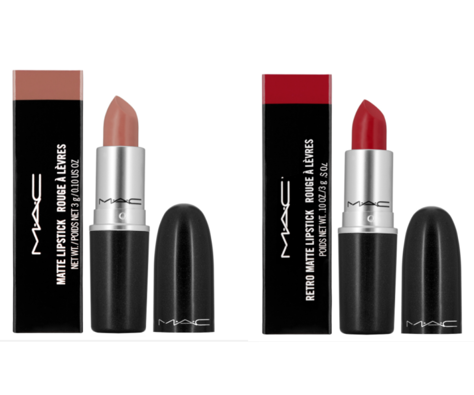 On the left is the MAC matte lipstick in a neutral pink with the lid off next to the packaging, with the same product on the right in red. Both against a white background.