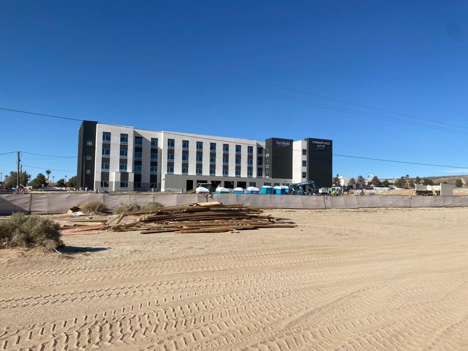 A dual-Marriott project in Barstow, locally controversial due to a $2.4 million hotel-tax-break its investors secured from the city in 2021, remained in a mid-construction state on April 6, 2023.