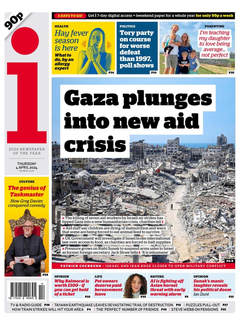 The i front page. The headline reads: Gaza plunges into new aid crisis