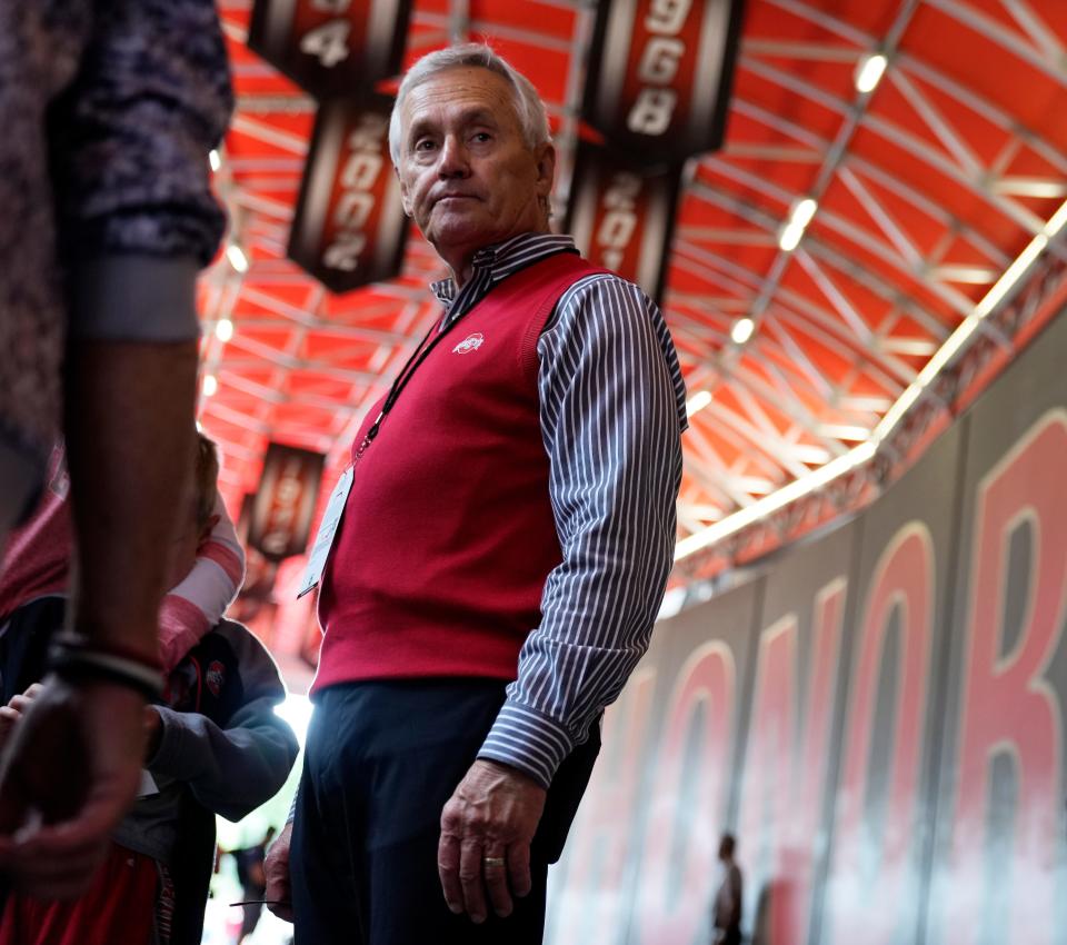 Jim Tressel, former Ohio State and Youngstown State football coach, wears a sweater vest with an Ohio State logo on one side and a Youngstown State logo on the other. Tressel also served as Youngstown State's president from 2014 until this past February, when he retired. More than a dozen people nominated him for Ohio State's next president.