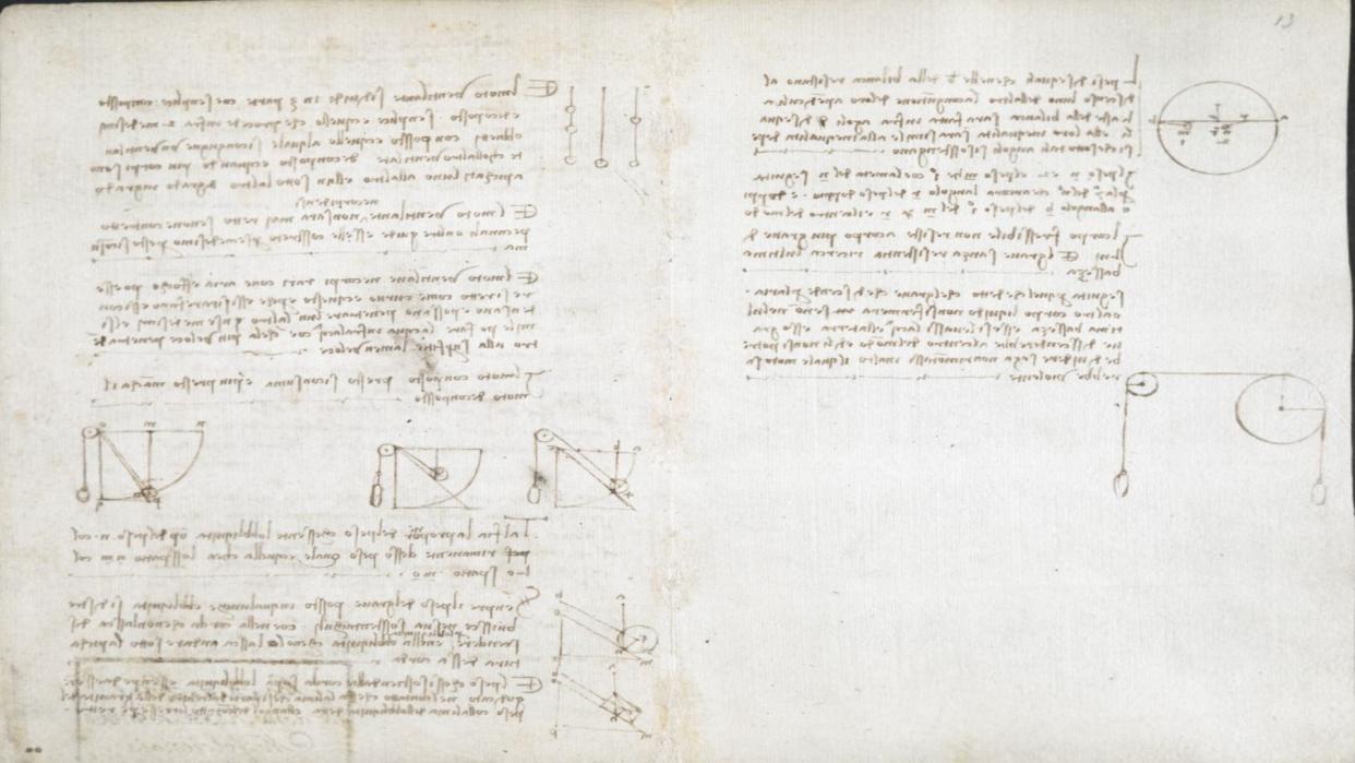  A photograph of one of Leonardo da Vinci's sketches of experiments to understand gravity. 