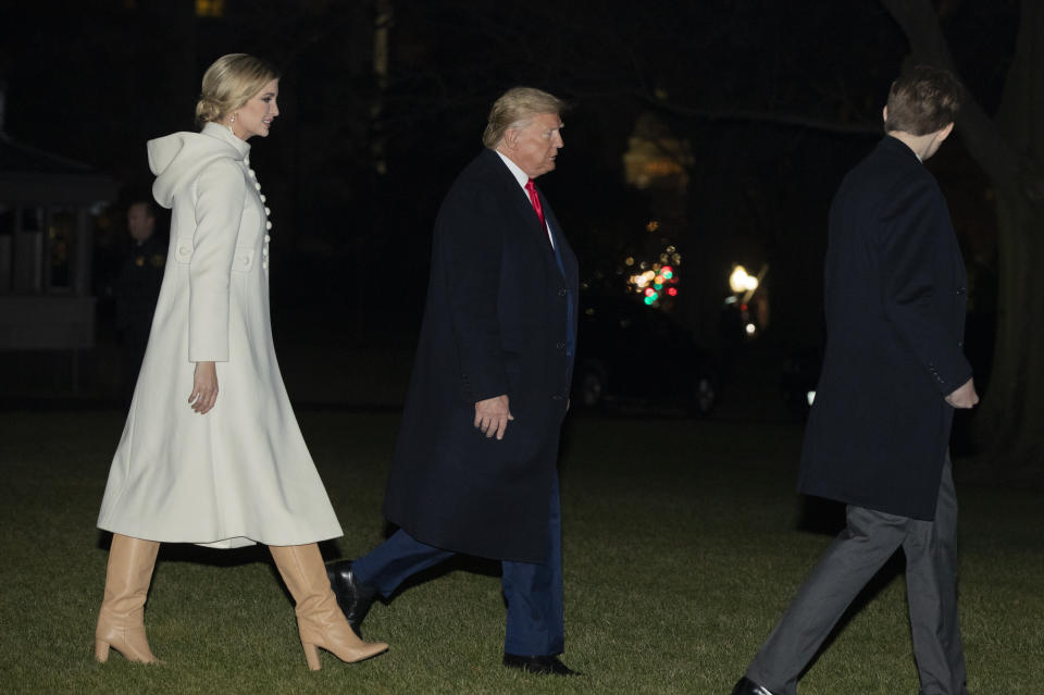 President Donald Trump, son Barron Trump and Ivanka Trump, left, leave the White House, Friday, July 20, 2019, in Washington, on their way to Andrews Air Force Base, Md, where the president will sign the National Defense Authorization Act for Fiscal Year 2020. The first family will then fly to Florida and spend their vacation at his Mar-a-Lago estate in Palm Beach, Fla. (AP Photo/Manuel Balce Ceneta)