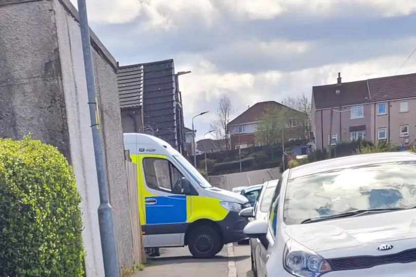 A police van has reversed down the back of a row of shops