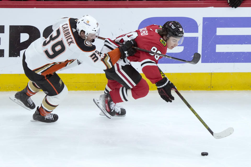 Anaheim Ducks' Sam Carrick, left, pressures Chicago Blackhawks' Connor Bedard, right, during the second period of an NHL hockey game Thursday, Dec. 7, 2023, in Chicago. (AP Photo/Charles Rex Arbogast)