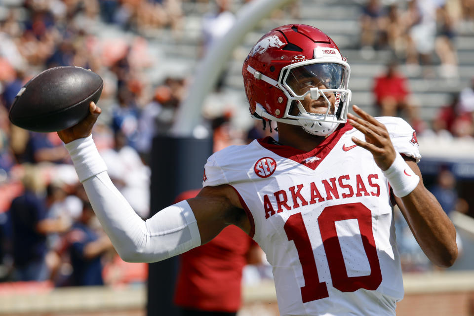 Arkansas quarterback Taylen Green warms up before an NCAA college football game against Auburn, Saturday, Sept. 21, 2024, in Auburn, Ala.(AP Photo/Butch Dill)