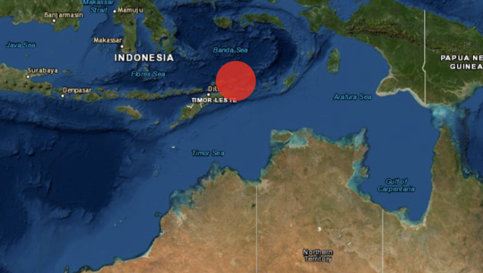 A map showing where the earthquake struck near Timor Leste and its proximity to Australia. 