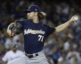 Milwaukee Brewers relief pitcher Josh Hader throws during the eighth inning of Game 3 of the National League Championship Series baseball game against the Los Angeles Dodgers Monday, Oct. 15, 2018, in Los Angeles. (AP Photo/Matt Slocum)