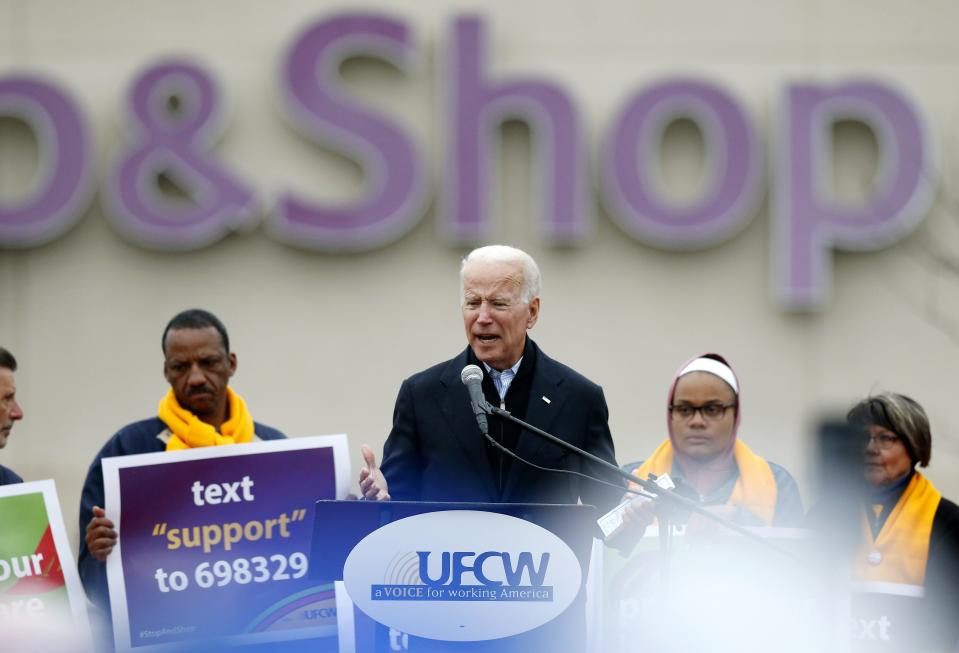 Former vice president Joe Biden speaks at a rally in support of striking Stop & Shop workers in Boston, Thursday, April 18, 2019. (AP Photo/Michael Dwyer)