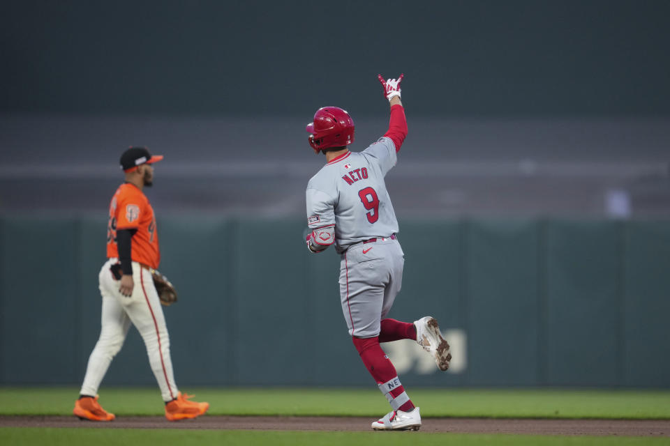 Los Angeles Angels' Zach Neto, right, runs the bases after hitting a two-run home run against the San Francisco Giants during the fourth inning of a baseball game Friday, June 14, 2024, in San Francisco. (AP Photo/Godofredo A. Vásquez)