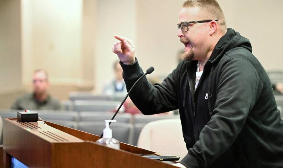 Patrick Thomas speaks to councilmembers about the decision by the district attorney not to file charges in the police shooting death of Paul Chavez Jr. Photographed during the Modesto City Council meeting in Modesto, Calif., Tuesday, Dec. 6, 2022.