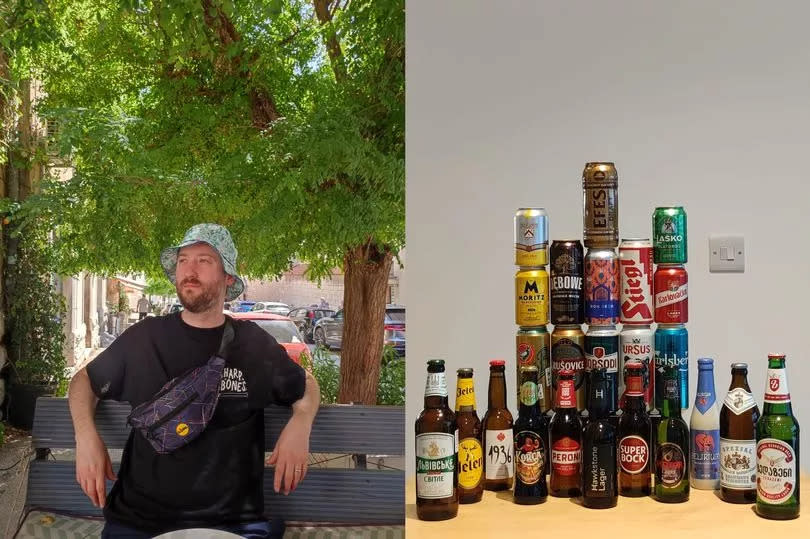 A split image of Gus Hully sitting on a bench on the left and a photo of his beer collection for the Euro 2024 on the right