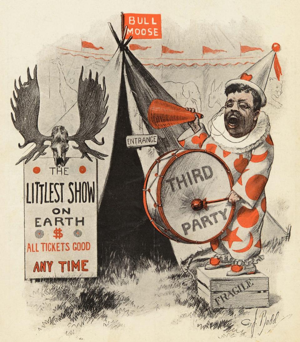 In this 1912 Harper’s Weekly illustration, Theodore Roosevelt is seen campaigning as a Bull Moose Party candidate for president. <a href="https://www.gettyimages.com/detail/news-photo/theodore-roosevelt-shown-trying-to-get-support-for-his-news-photo/107460122?phrase=teddy%20roosevelt%20bull%20moose&adppopup=true" rel="nofollow noopener" target="_blank" data-ylk="slk:Stock Montage/Getty Images;elm:context_link;itc:0;sec:content-canvas" class="link ">Stock Montage/Getty Images</a>