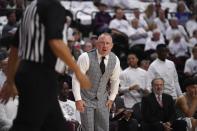 Texas A&M coach Buzz Williams reacts to a foul call on the team during the first half of an NCAA college basketball game against Kentucky on Wednesday, Jan. 19, 2022, in College Station, Texas. (AP Photo/Justin Rex)