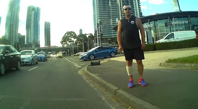 The cyclist turns around to confront the man who doesn’t appear to understand why he was angry. Picture: SeanH/YouTube