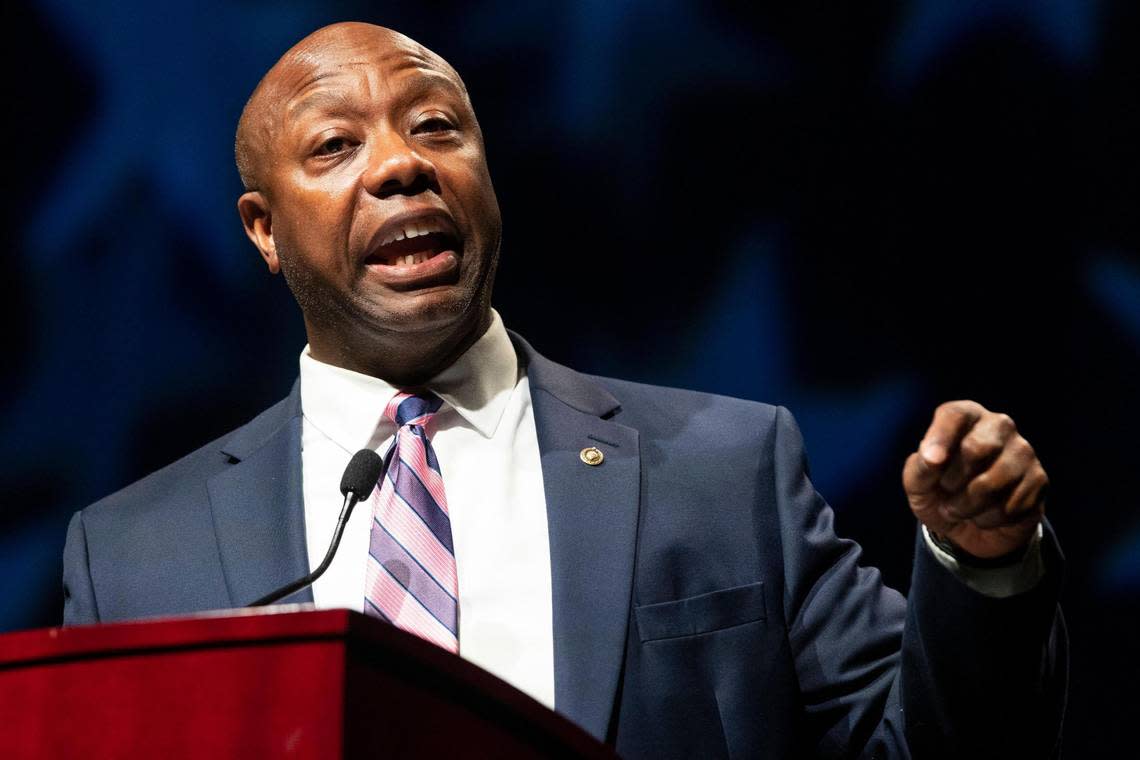 South Carolina Senator Tim Scott speaks to the Silver Elephant Gala at the Columbia Convention Center on Friday, July 29, 2022.